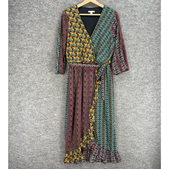 Cato Wrap Dress Women M Medium Purple Geometric Midi Tasseled Tie Up V-Neck - Picture 1 of 7